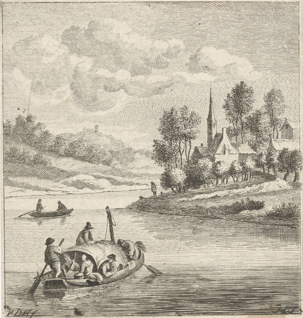 Detail of Riverview with two boats at a village by Anthonij van der Haer