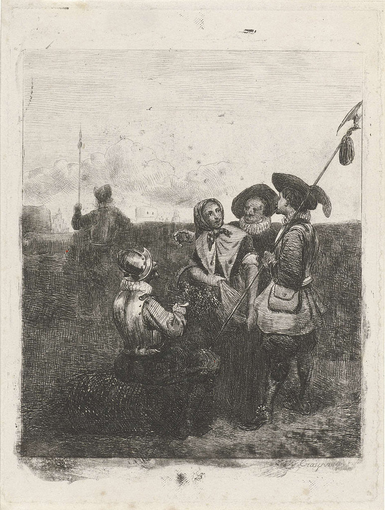 Detail of On top of a strengthening of a city a young girl surrounded by three soldiers by Reinier Craeyvanger