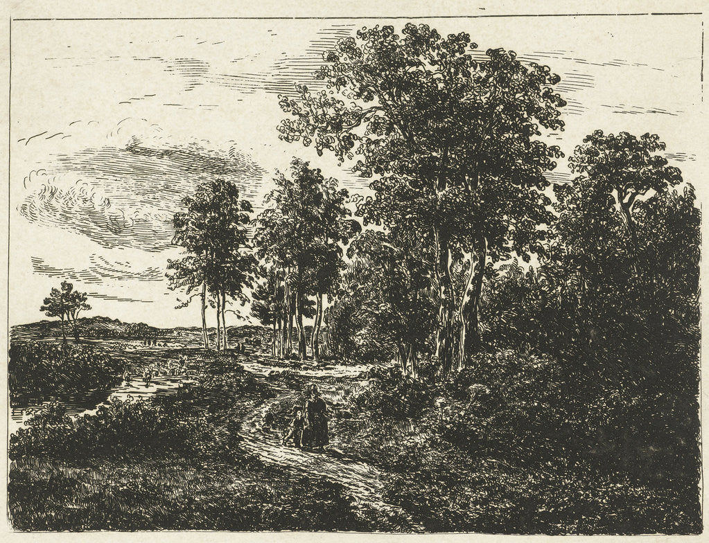 Detail of Forest landscape with woman and boy on the way by Johannes Adrianus van der Drift