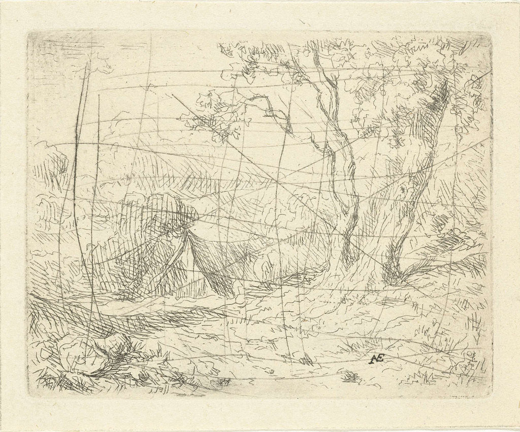 Detail of Landscape with two trees along a path by Adrianus van Everdingen