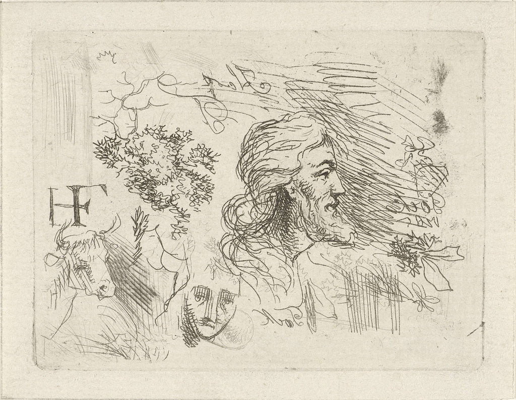 Detail of Study Sheet with men head by Hermanus Fock