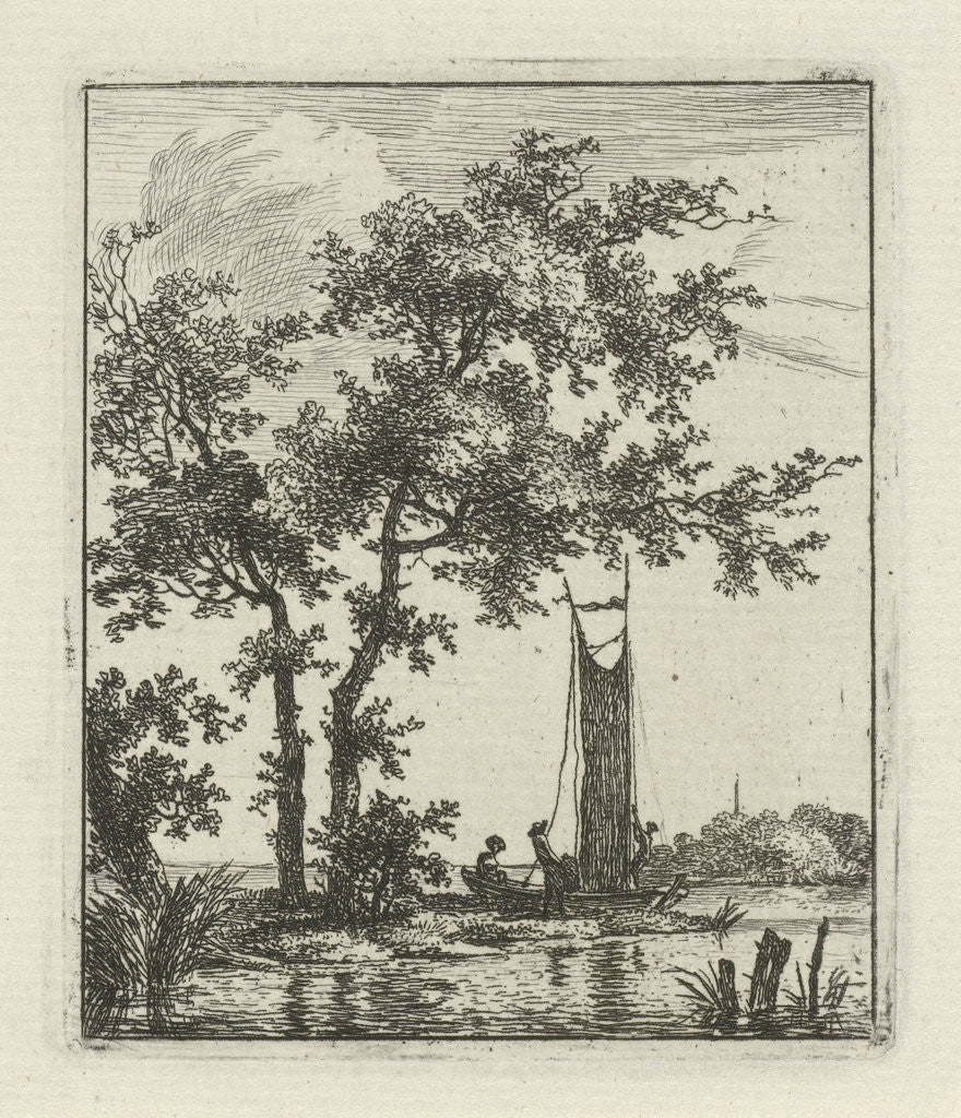 Detail of A river landscape with a boat on the waterfront, near two trees, in the boat two persons, one hoisting the sail by Hermanus Fock