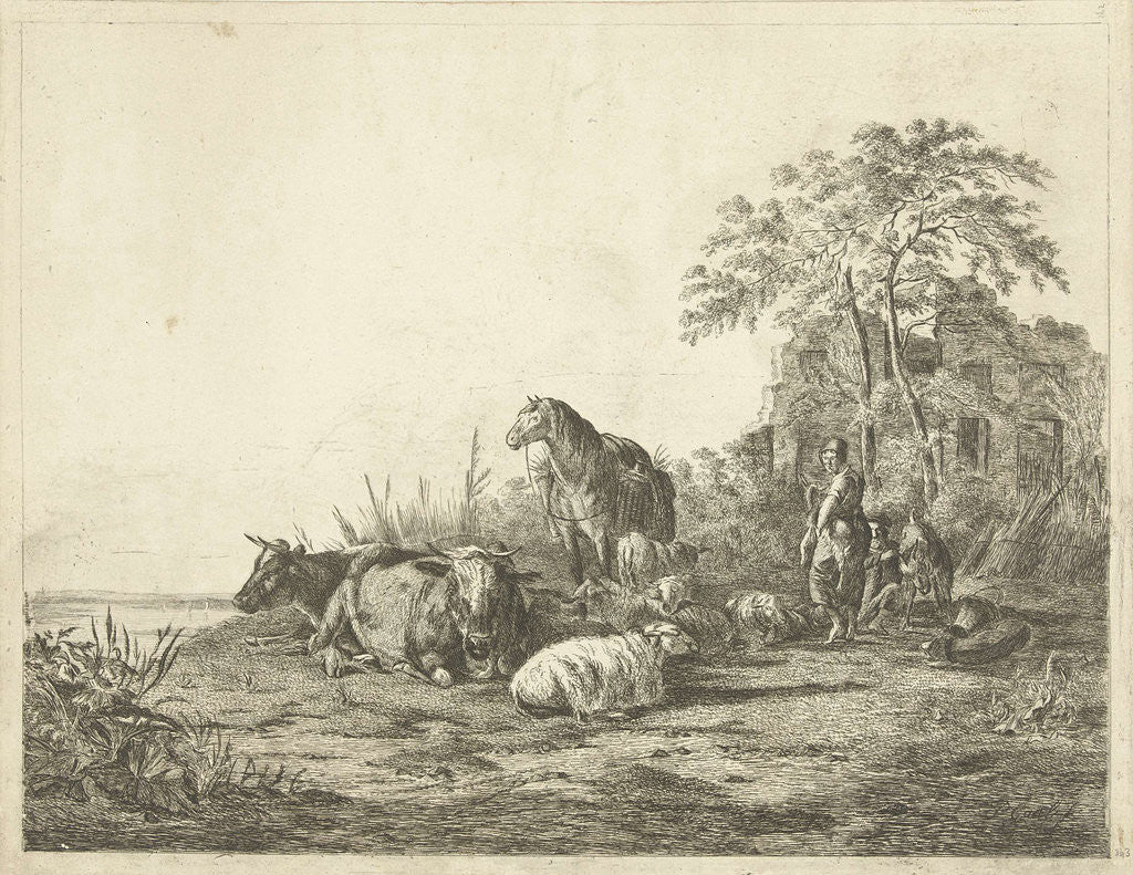 Detail of shepherd and shepherdess with herd of cattle by Pieter Gaal
