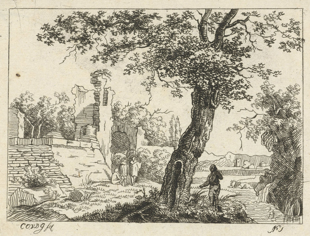 Detail of Landscape with ruins by Cornelis Ouboter van der Griendt