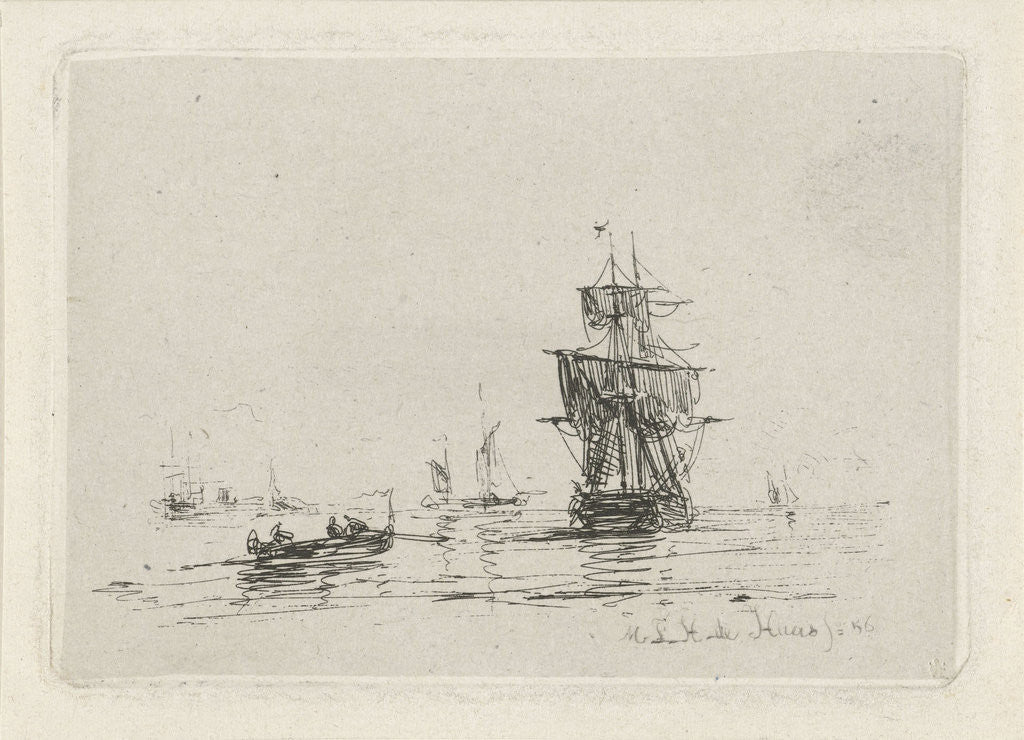 Detail of Marine with sailboat by Maurits Frederik Hendrik de Haas