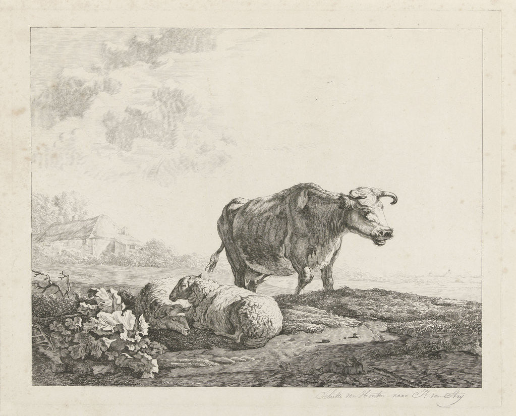 Detail of Landscape with a cow and two sheep by Jacob van Strij