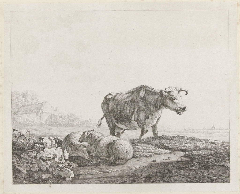Detail of Landscape with a cow and two sheep by Jacob van Strij