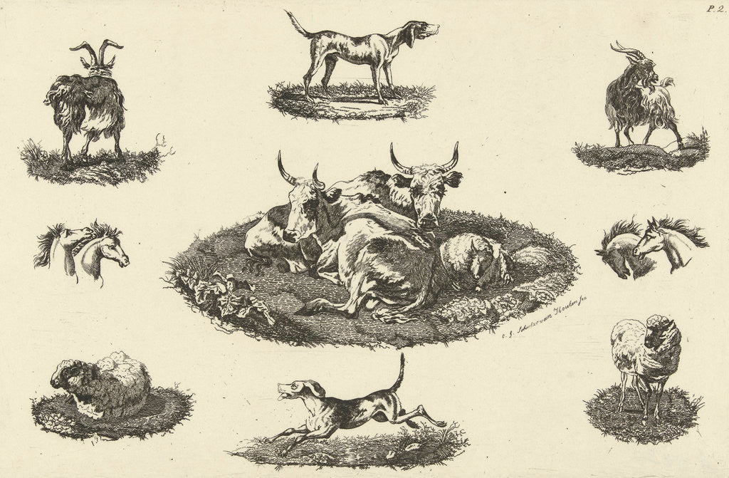 Detail of Two cows, a sheep and other animals by Christiaan Godfried Schutze van Houten
