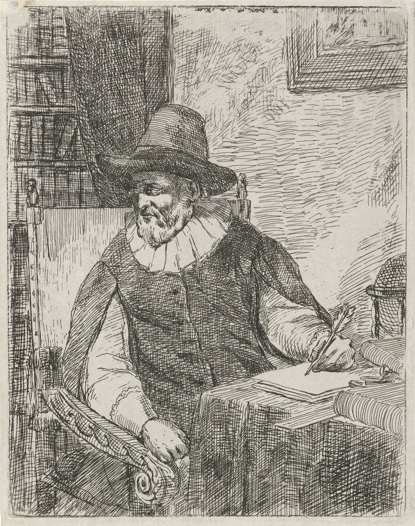 Detail of An older man with quill in hand sitting at his desk, globe and bookcase by David van der Kellen II