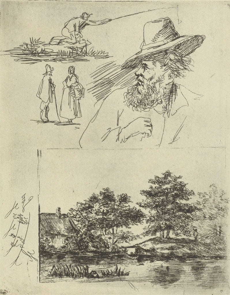 Detail of Study Journal of three figures, one is fishing, head of an older man with beard and hat and a landscape with a river, trees and a farm by David van der Kellen II