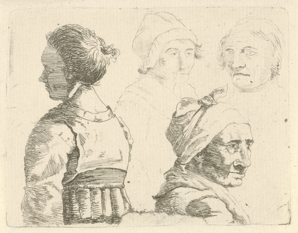 Detail of Study Sheet with a female bust and three female heads by Gerrit Lamberts