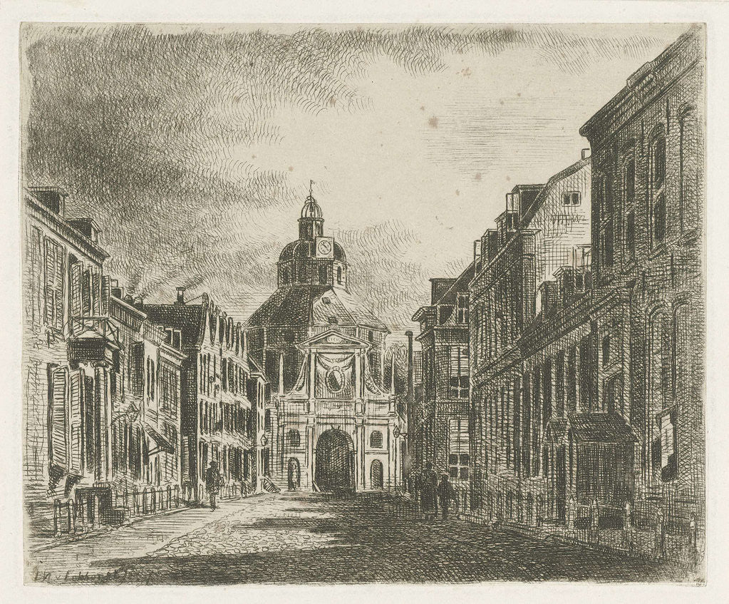 Detail of The Wittevrouwenpoort Utrecht The Netherlands, seen from the city, on foot a few passers-by on the sidewalk by Jan van Lokhorst