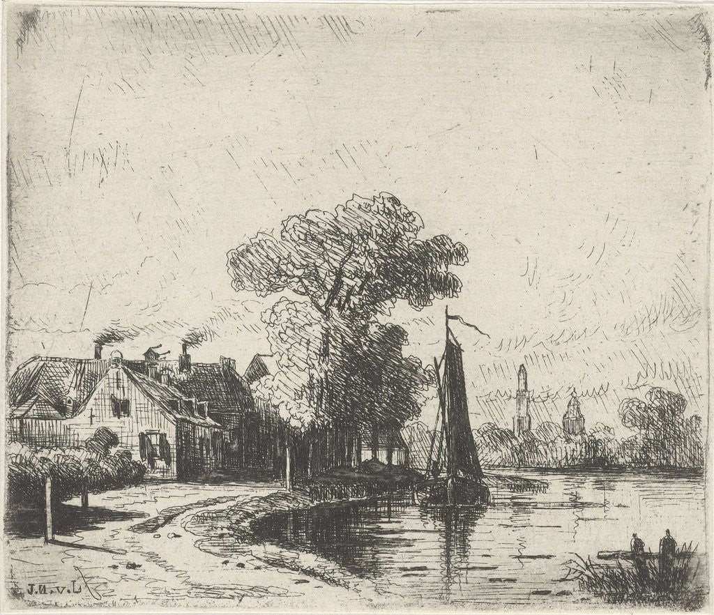 Detail of River view with sailing ship by Jan van Lokhorst