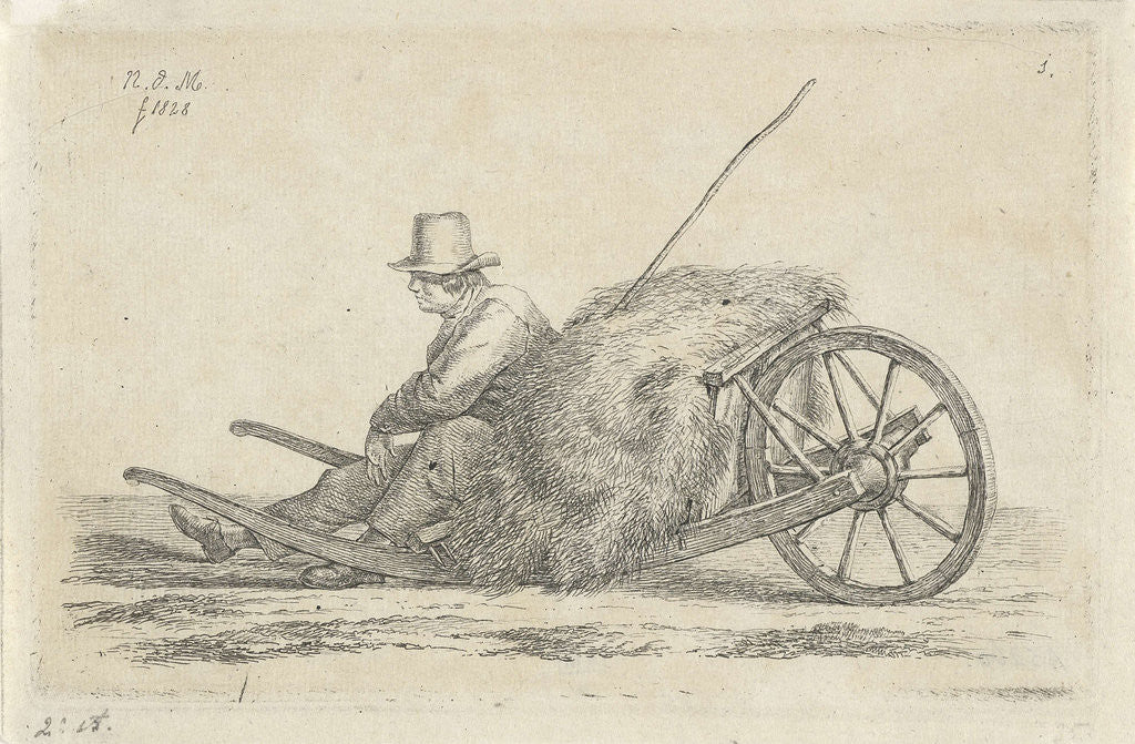 Detail of Seated man with a wheelbarrow with hay by Anthonie Willem Hendrik Nolthenius de Man