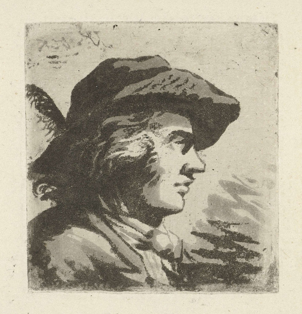 Detail of Portrait in profile of man with feathered hat by Hermanus Fock