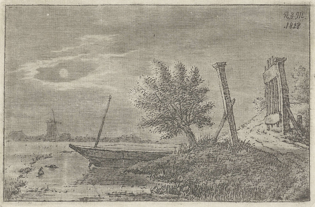 Detail of A polder landscape with an open gate at night, in the ditch a boat and on the horizon a mill by Anthonie Willem Hendrik Nolthenius de Man