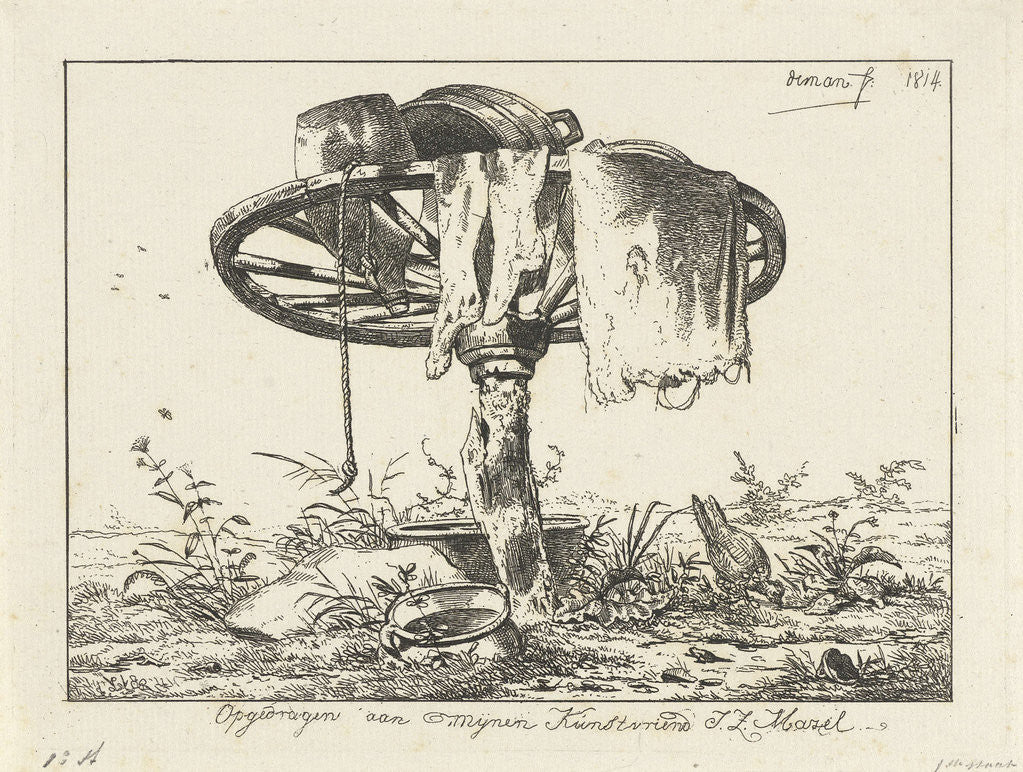 Detail of A wagon wheel on a tree trunk, some clothing, jug, tub, chicken by Anthonie Willem Hendrik Nolthenius de Man