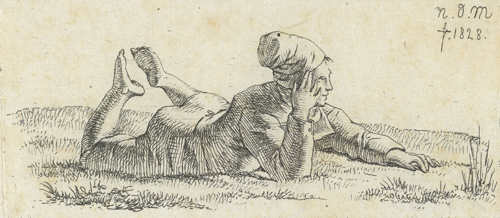Detail of Boy lying in the grass on his belly by Anthonie Willem Hendrik Nolthenius de Man