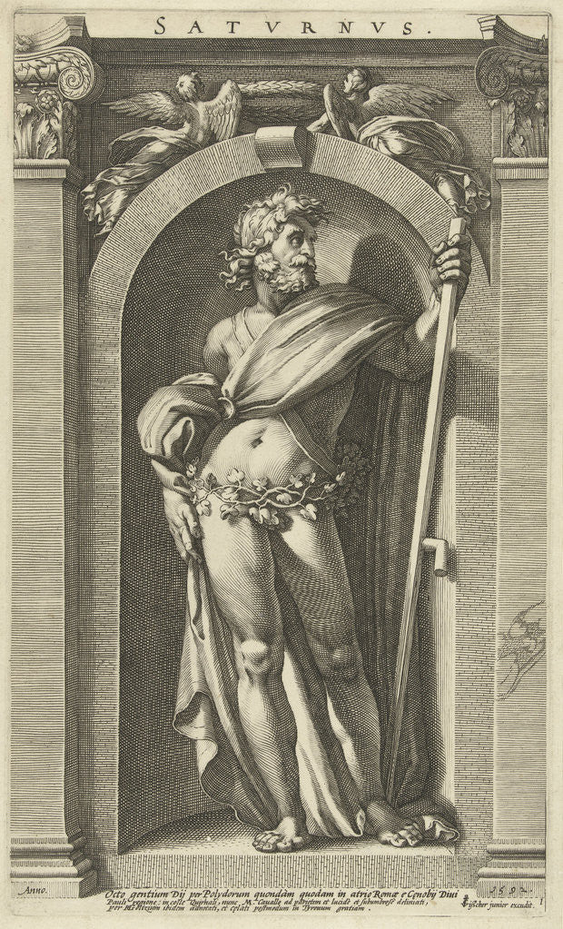 Detail of Saturn, standing in a niche, a scythe in his left hand by Hendrick Goltzius