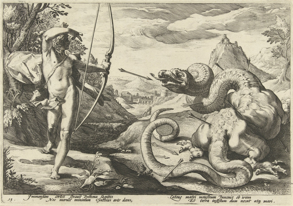 Detail of Apollo kills with many arrows the giant serpent Python by Workshop of Hendrick Goltzius