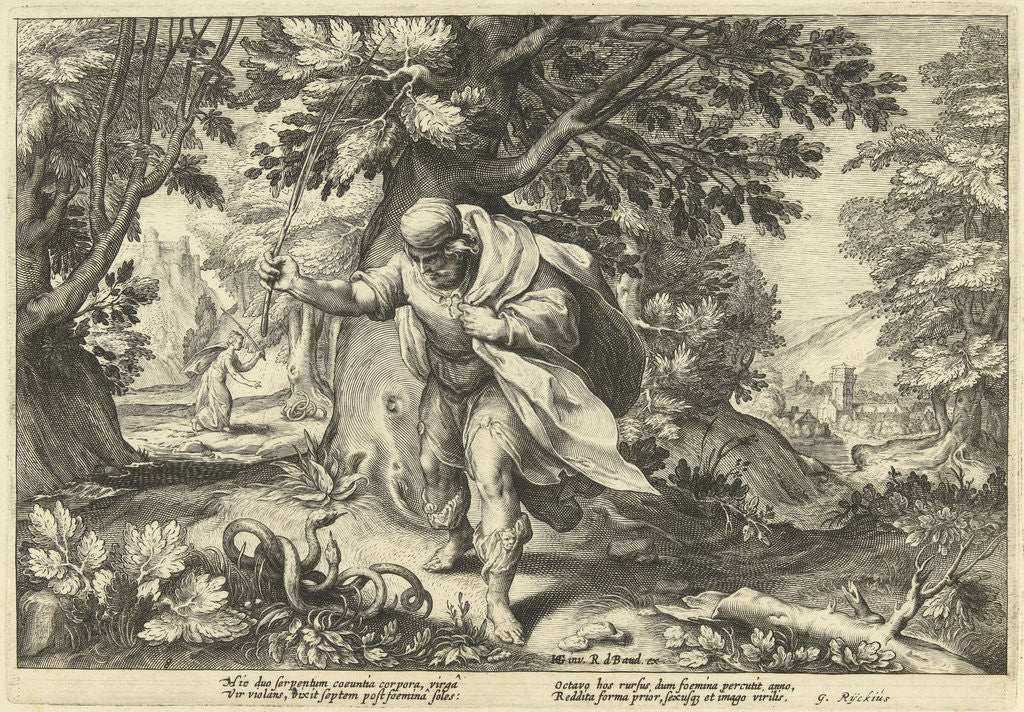 Detail of Teiresias stores in a forest two mating snakes by Workshop of Hendrick Goltzius