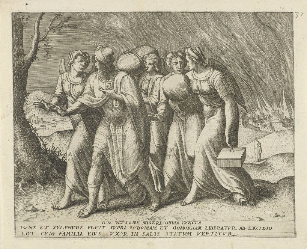 Detail of Lot leaves along with his wife and daughters the town Sodom, an angel shows them the way by Frans Menton