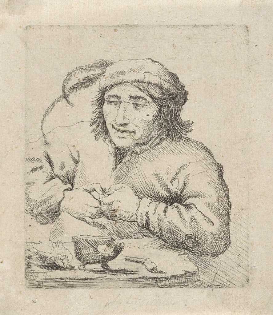 Detail of A man wearing a hat with feathers sits at a table, in front of him tobacco and a pipe by Anonymous