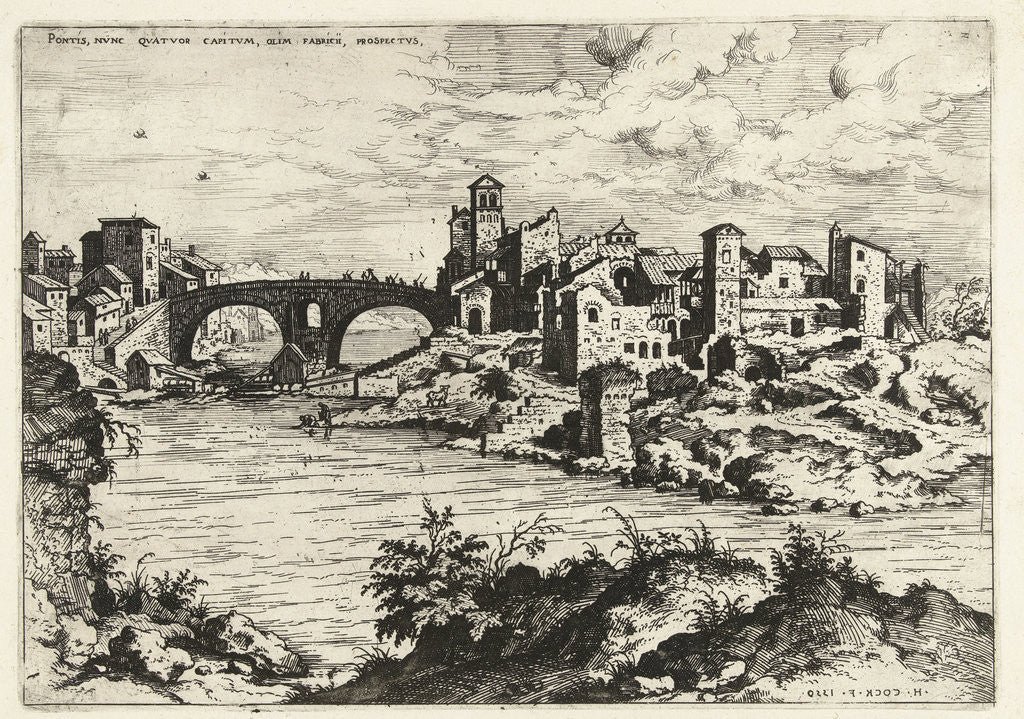 Detail of View of the bridge of Fabricius in Rome, Italy by Hieronymus Cock