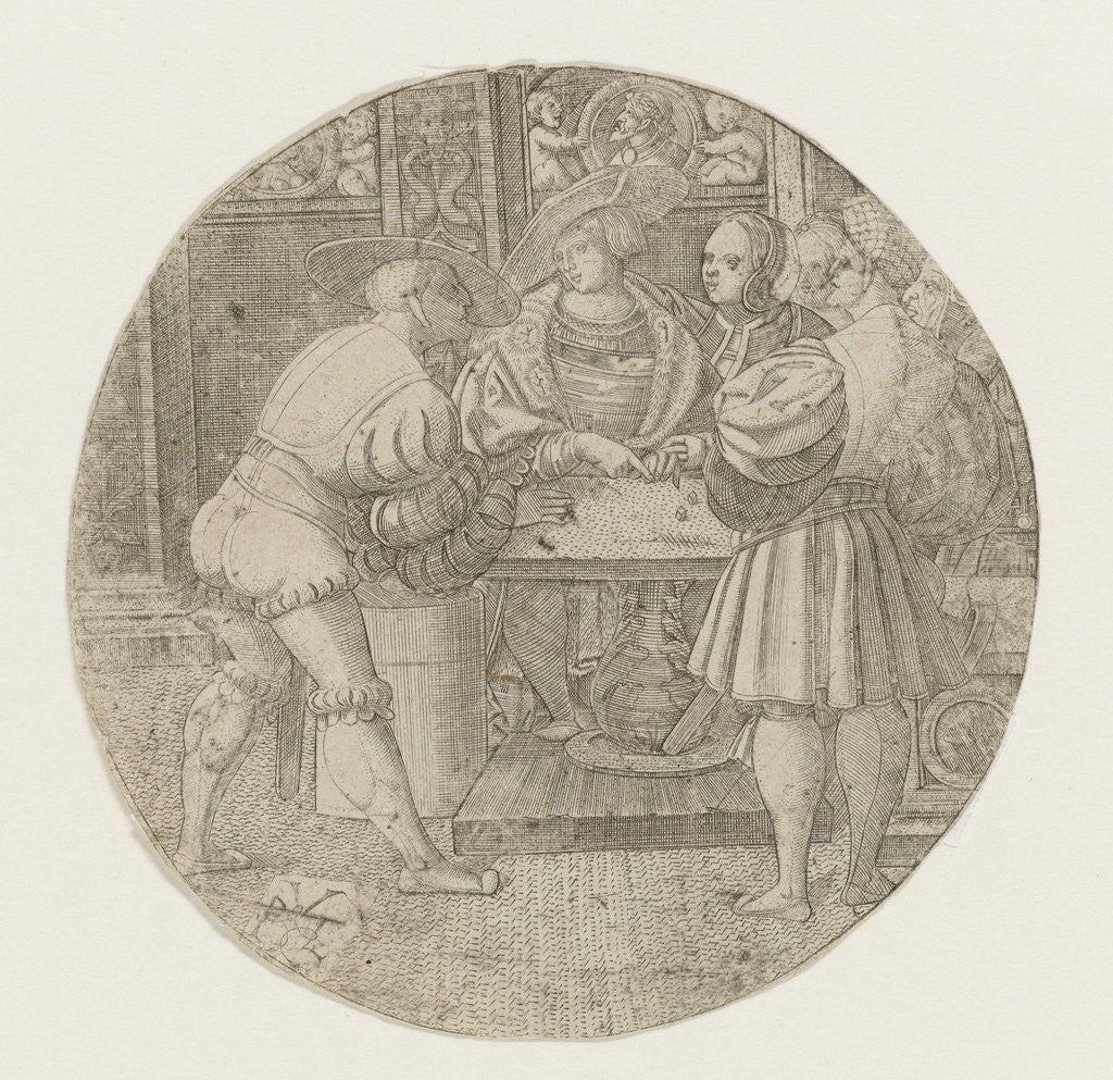 Detail of Circular performance with three men around the table with two dice by Monogrammist PVL