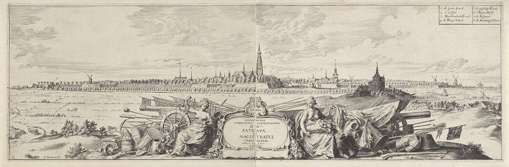 Detail of Justice and the personification of abundance sit on opposite sides of a cartouche by Abraham Dircksz Santvoort