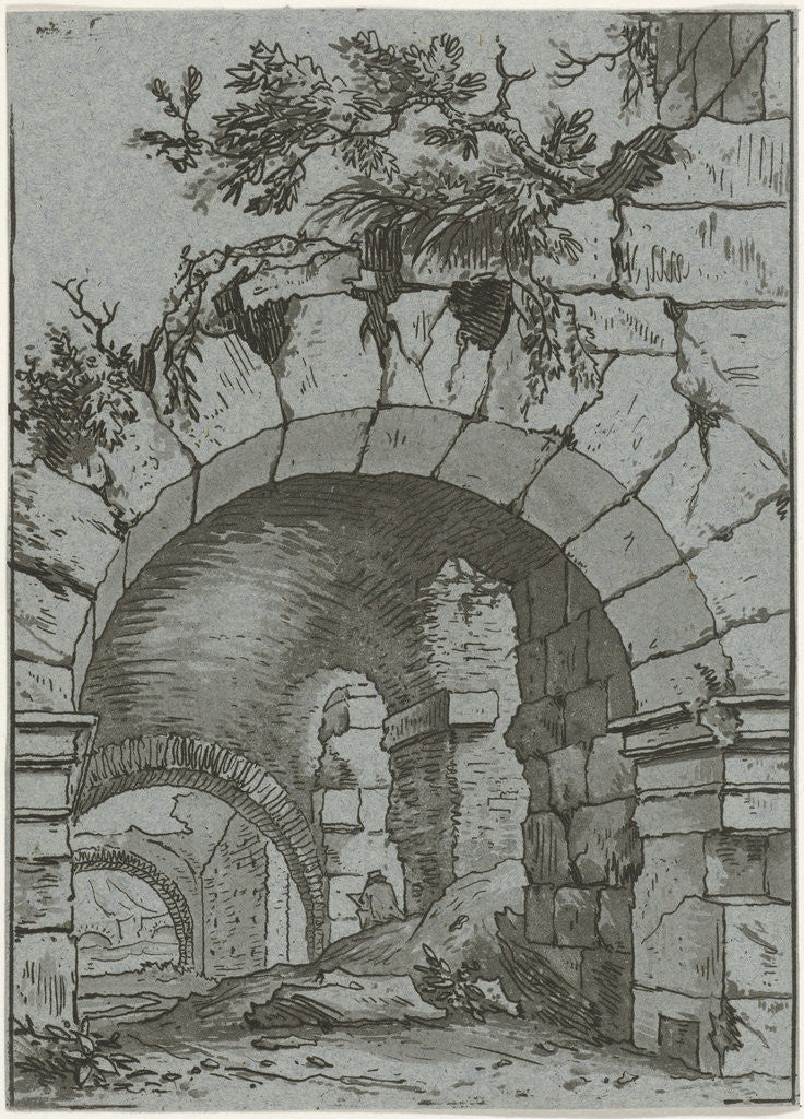 Detail of View of the vaults of a ruin, where half a person sitting with a sketch by Hermanus Fock