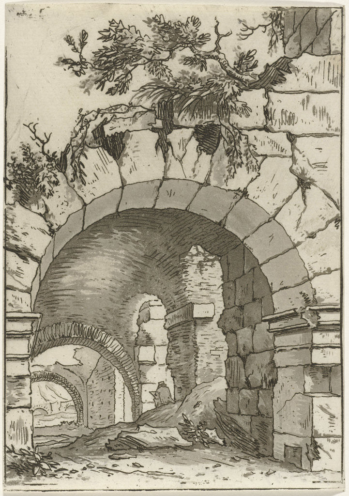Detail of View of the vaults of a ruin, where half a person sitting with a sketch by Hermanus Fock