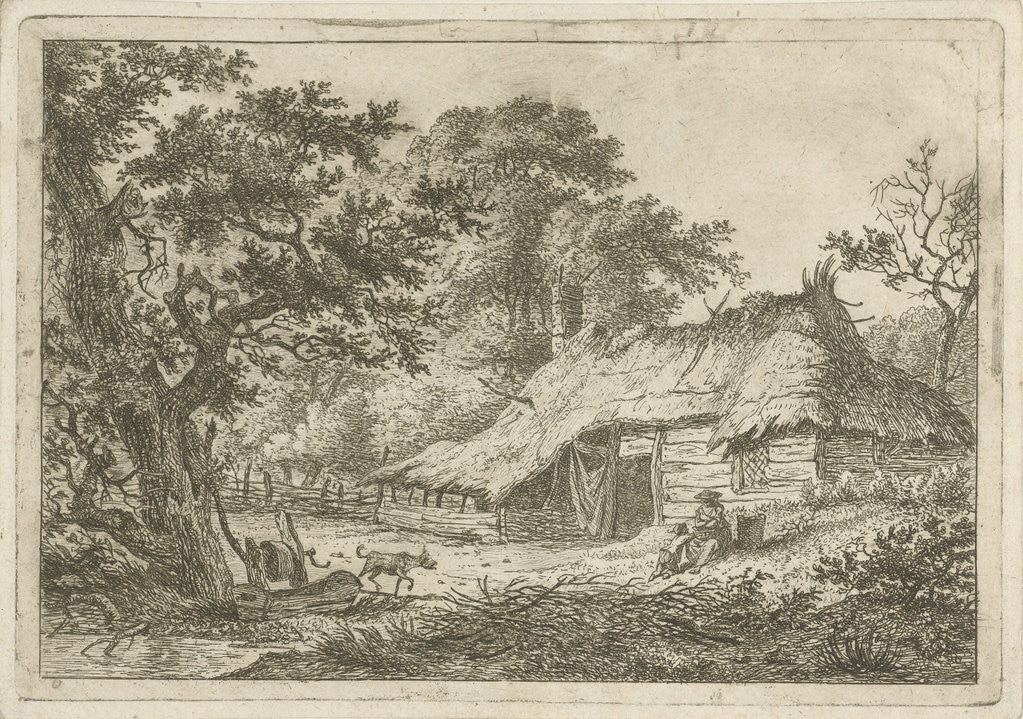 Detail of A landscape with a wooden thatched farmhouse, in the grass is a woman with a child, near a large tree runs a dog by Hermanus Fock