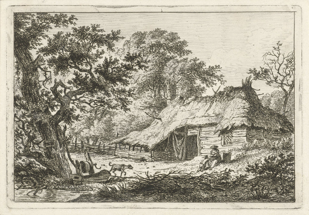 Detail of A landscape with a wooden thatched farmhouse, in the grass is a woman with a child, near a large tree runs a dog by Hermanus Fock