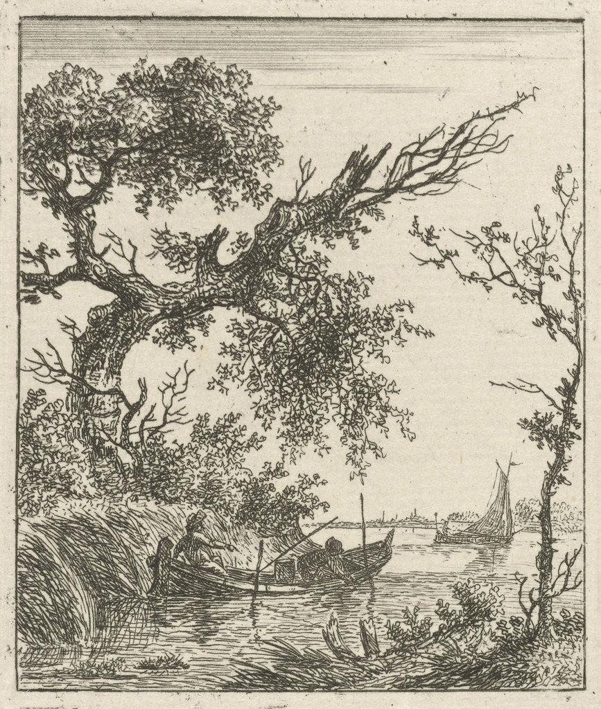 Detail of A view on a large overhanging tree and a rowing boat where two men sit by Hermanus Fock