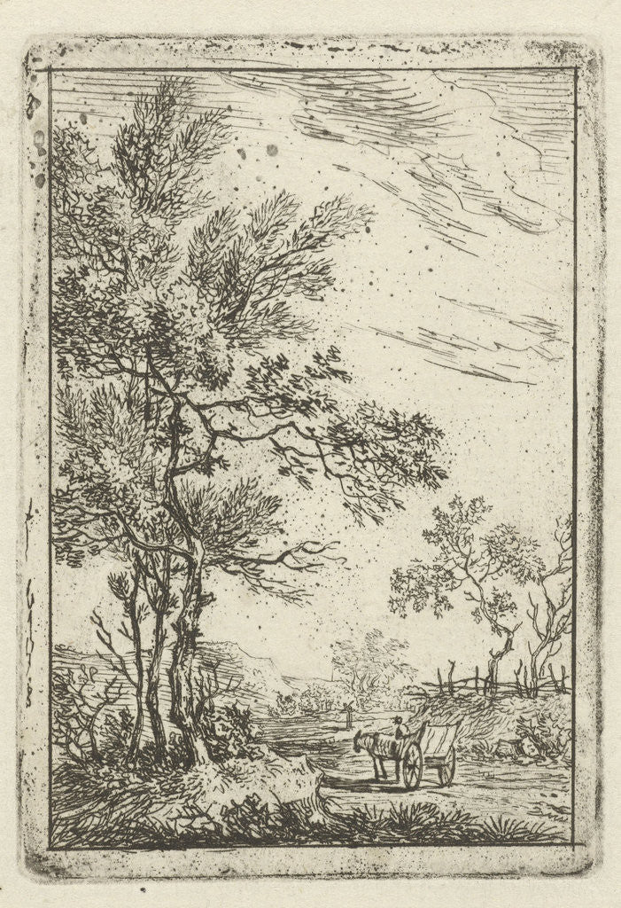 Detail of landscape with high tree party and horse and carriage by Hermanus Fock