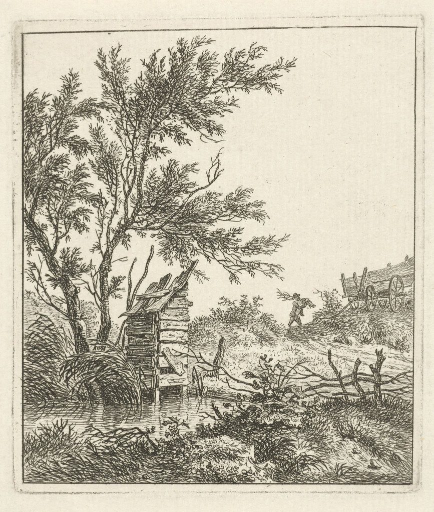 Detail of A landscape with a wooden building under a tree by the water by Hermanus Fock