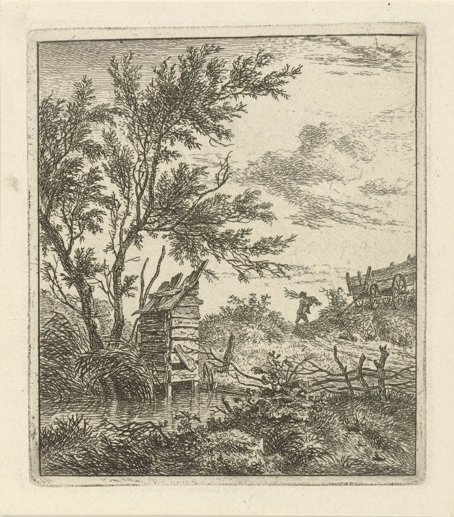Detail of A landscape with a wooden building under a tree by the water by Hermanus Fock