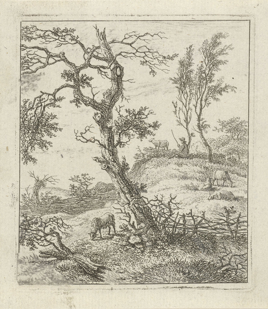 Detail of Landscape with shepherd on hill by Hermanus Fock