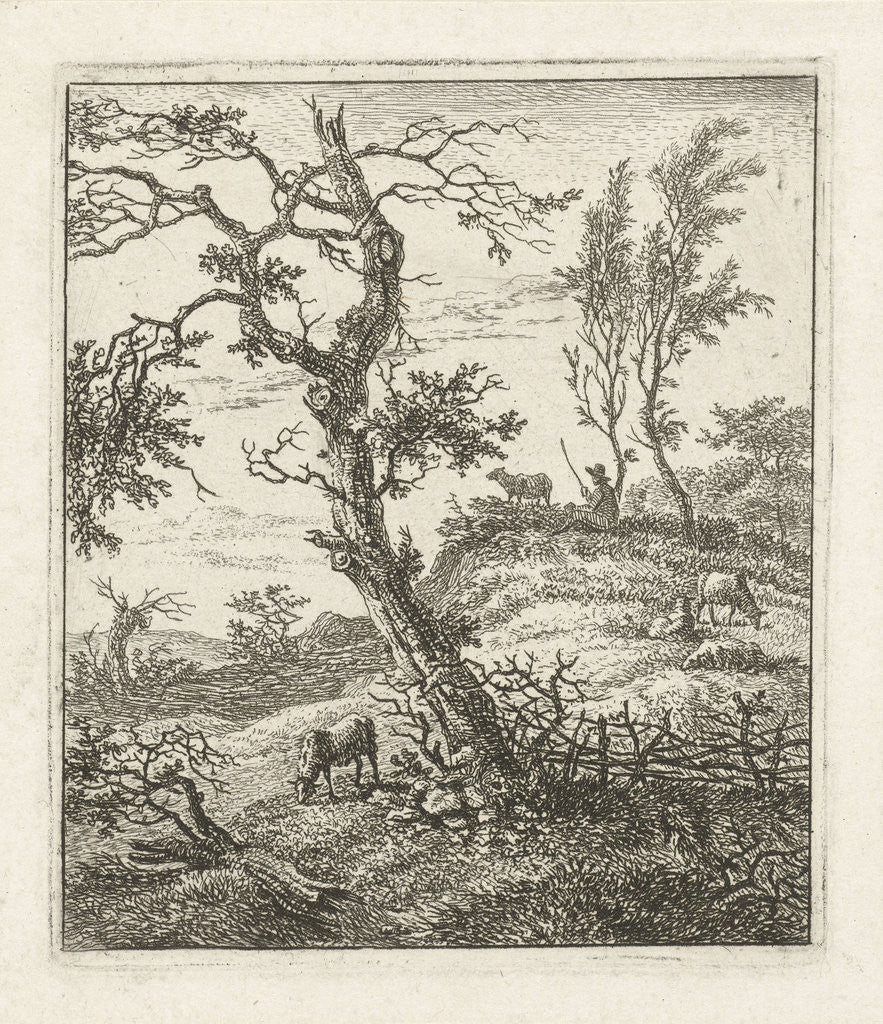 Detail of Landscape with shepherd on hill by Hermanus Fock