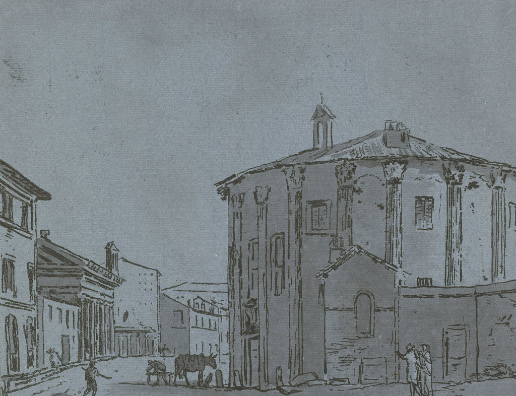 Detail of A cityscape with a temple, walking on the street three people, a fourth person is at work next to a horse by Hermanus Fock