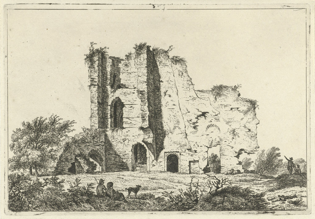 Detail of View of ruins, in the shadows are a man and a woman with a dog in the grass by Hermanus Fock