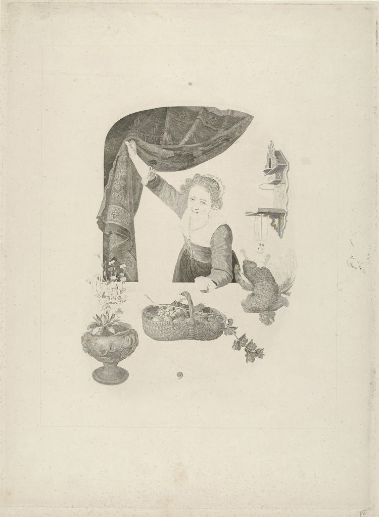 Detail of Woman with basket of fruit in your hand at the window by Gerard Dou