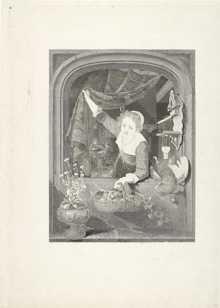 Detail of Woman with basket of fruit in your hand at the window by Gerard Dou