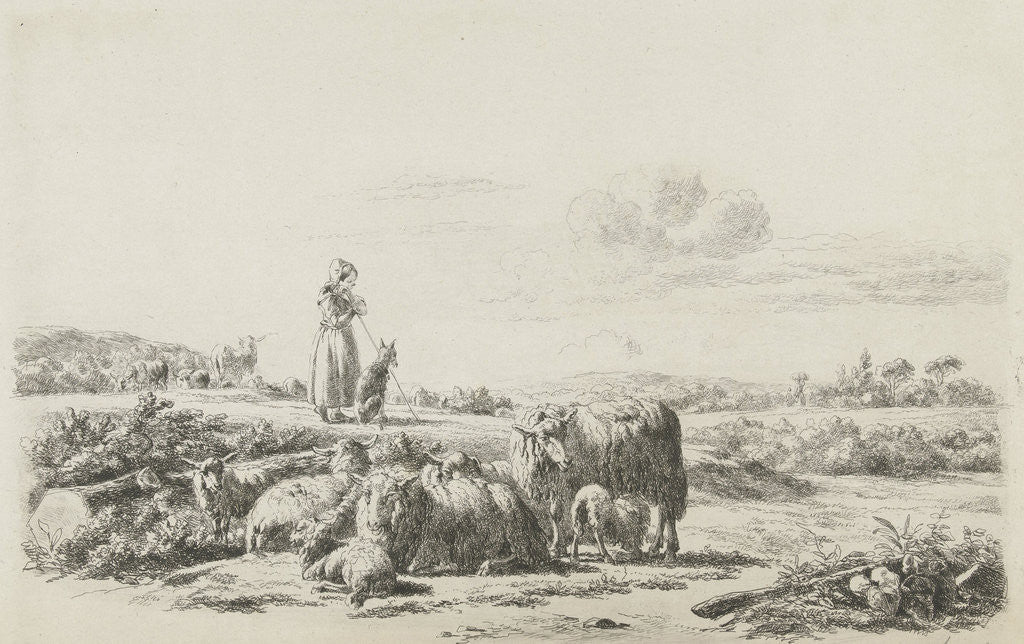 Detail of Landscape with shepherd dog with sheep herd by Simon van den Berg