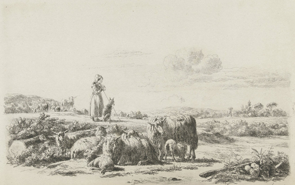 Detail of Landscape with shepherd dog with sheep herd by Simon van den Berg