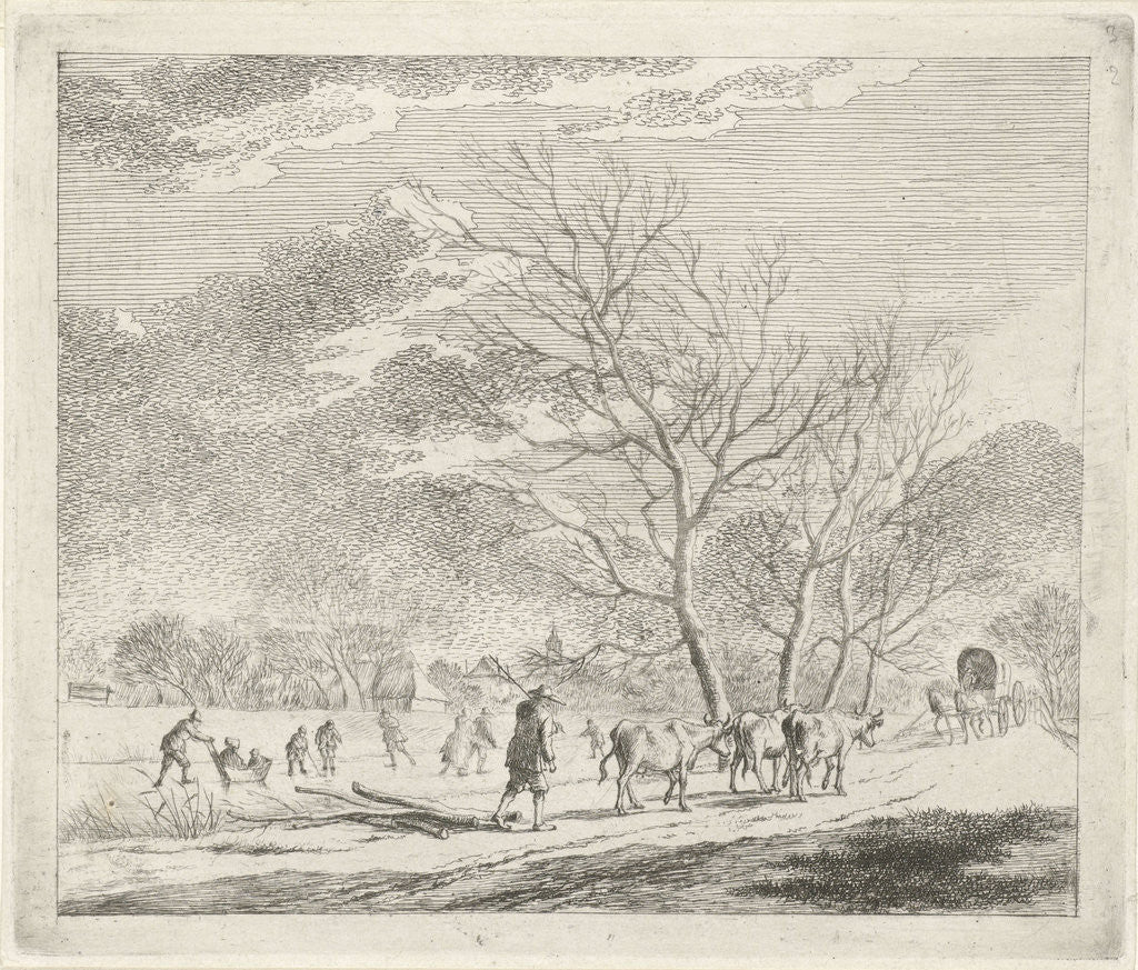 Detail of Winter Landscape with cows and skaters by Johannes Janson