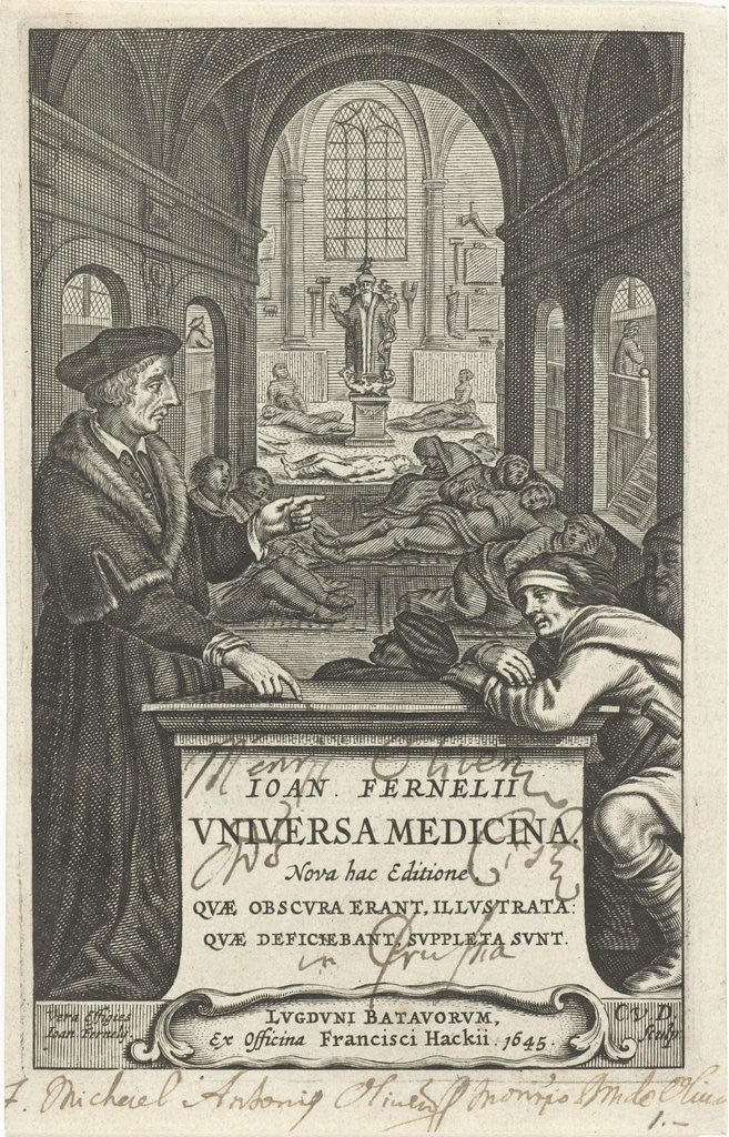 Detail of Healer John Fernelius speaks to patient in hospital ward where patients lie on the floor by Franciscus Hackius