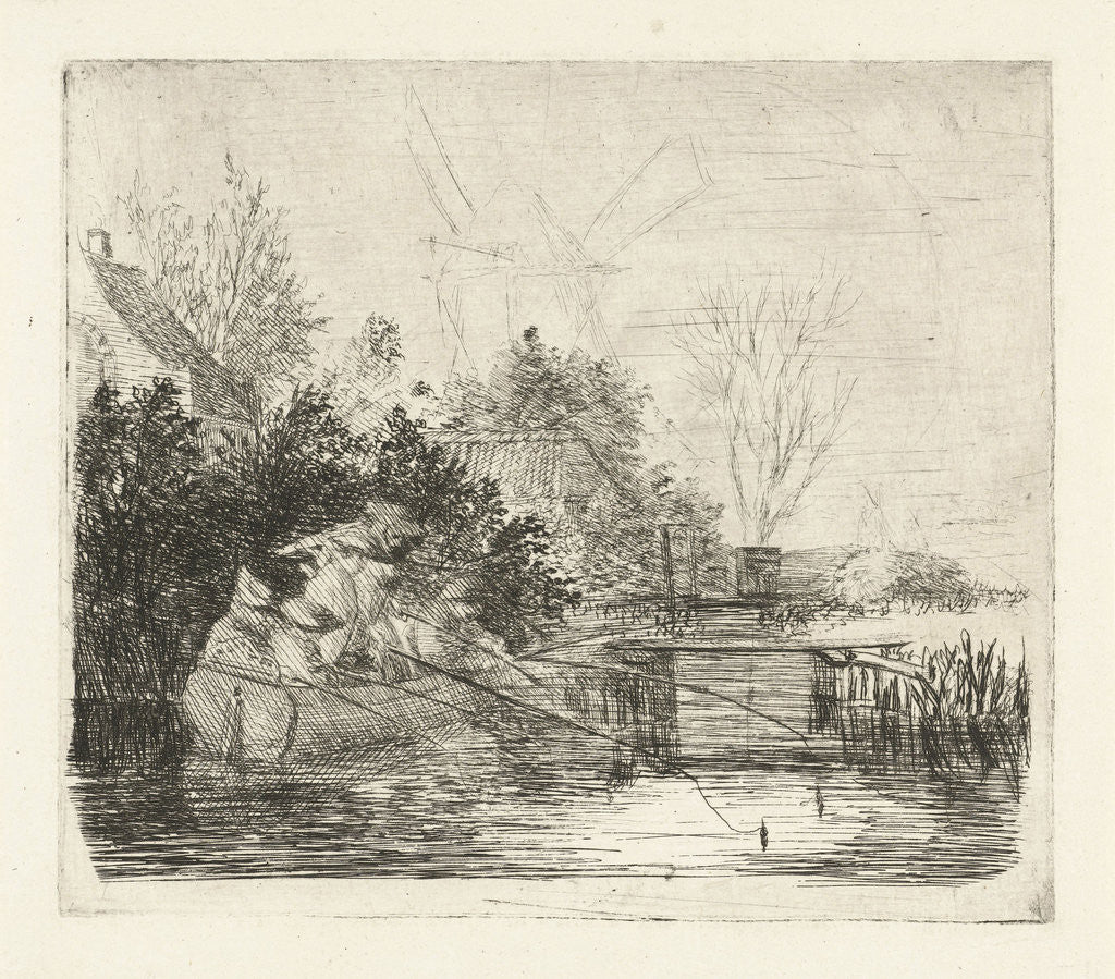 Detail of Anglers at a river by Louis Bernard Coclers