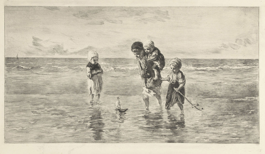Detail of Four children playing with toy boat on the beach in shallow seawater by Jozef Israëls